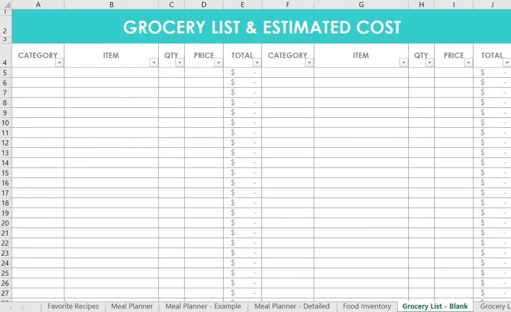 grocery list excel template spreadsheet blank categorised by store section simple minimalist all about planners meal planning system