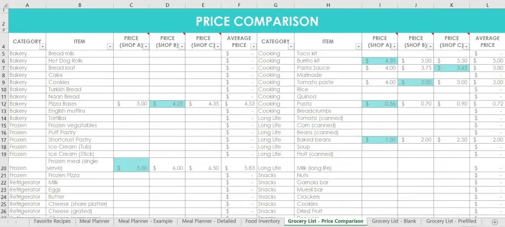 grocery list price comparison automatically find the cheapest price shopping list couponing excel template automatic formulas meal planning