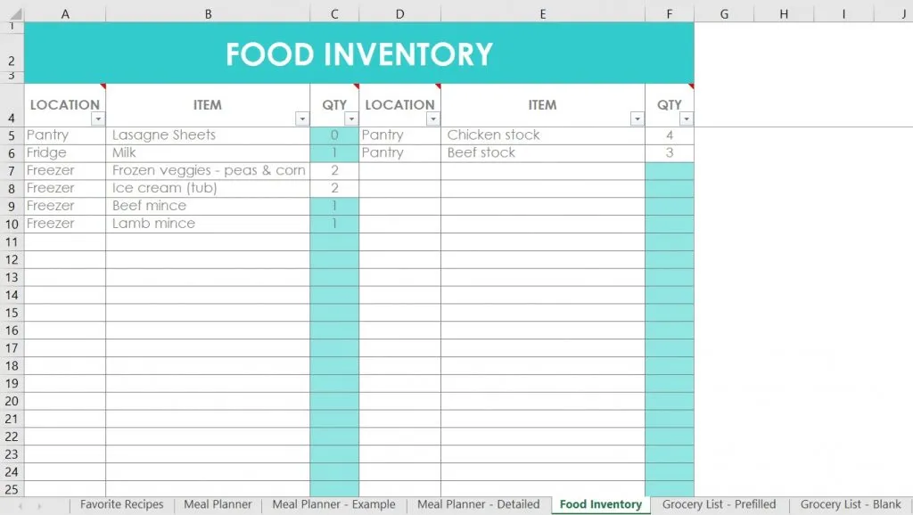 food inventory excel spreadsheet template automatically notify if inventory level drops low pantry freezer fridge editable