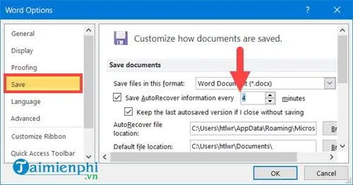 thay doi thoi gian tu dong luu tren word auto save word 7