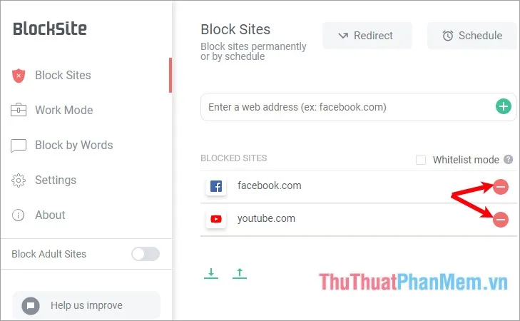 Nhấn chọn biểu tượng dấu  để loại bỏ website trên Block Site