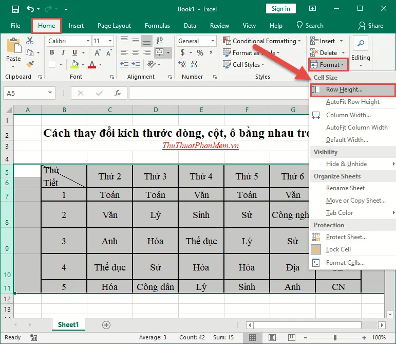 Vào thẻ Home - Format - Row Height