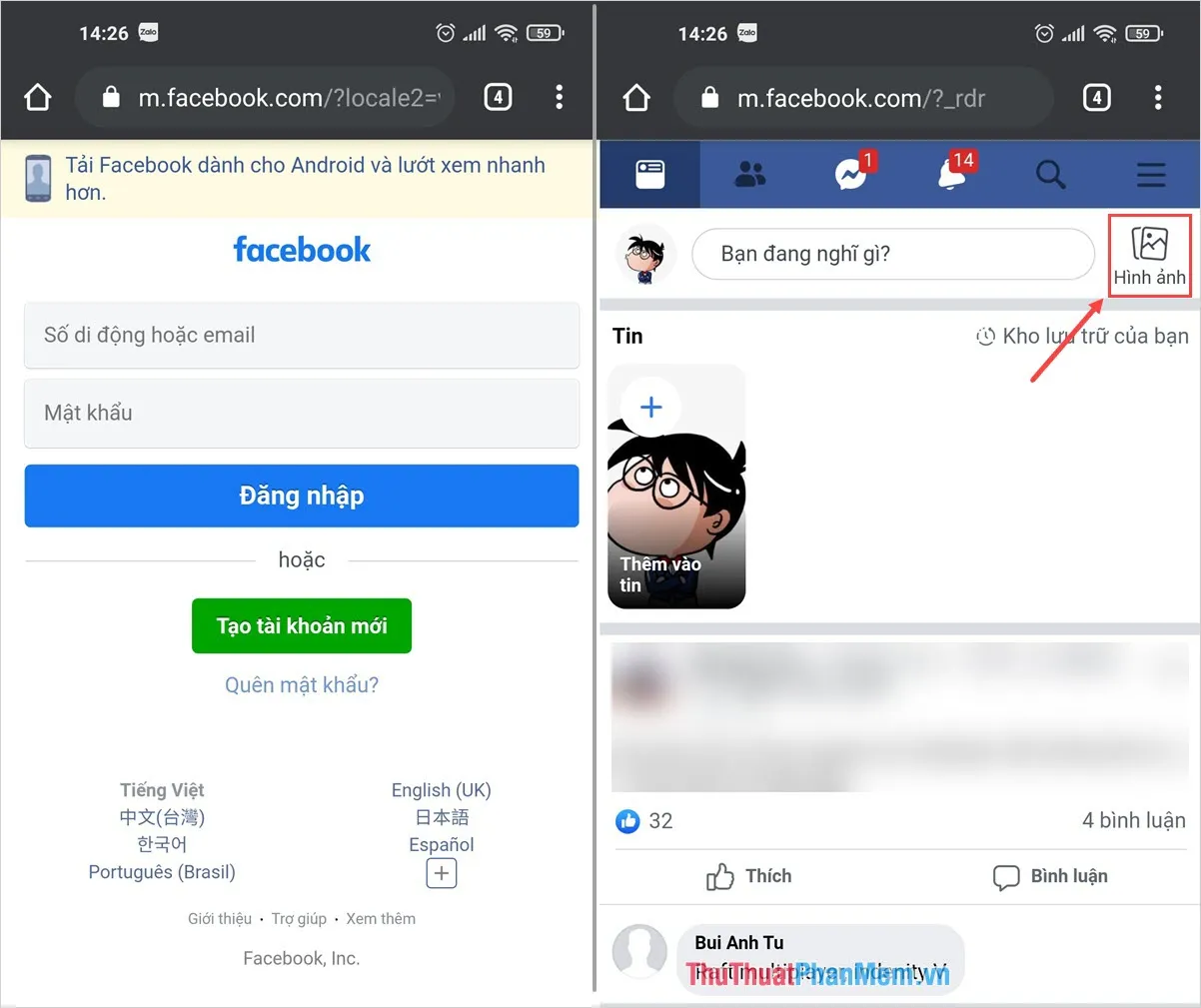 Chọn Hình ảnh để đăng tải hình ảnh lên Facebook với chất lượng cao