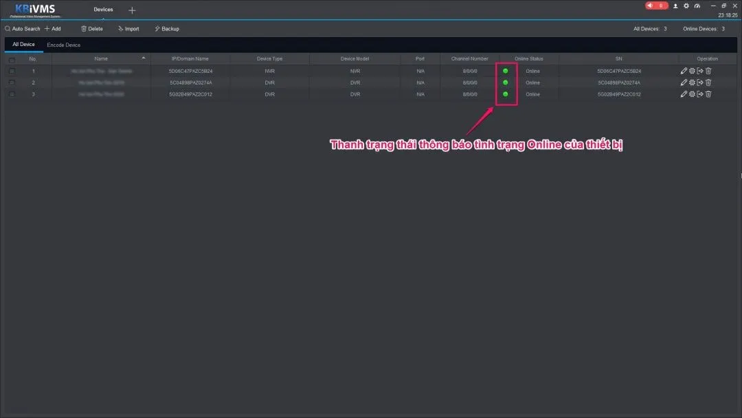Hiển trị trạng thái online của thiết bị trên KBiVMS xem camera KBVision cho PC