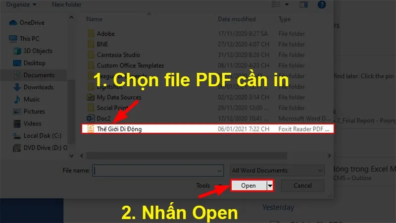 Chọnfile PDF cần in  Nhấn Open