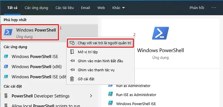 Tìm kiếm trên Windows  tìm kiếm PowerShell  mở PowerShell với quyền admin