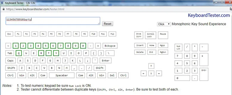 Kiểm tra bàn phím laptop sử dụng trang web keyboardtester.com cực nhanh và xuất hiện viền xanh là đang hoạt động bình thường