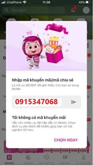 nhập mã giới thiệu momo