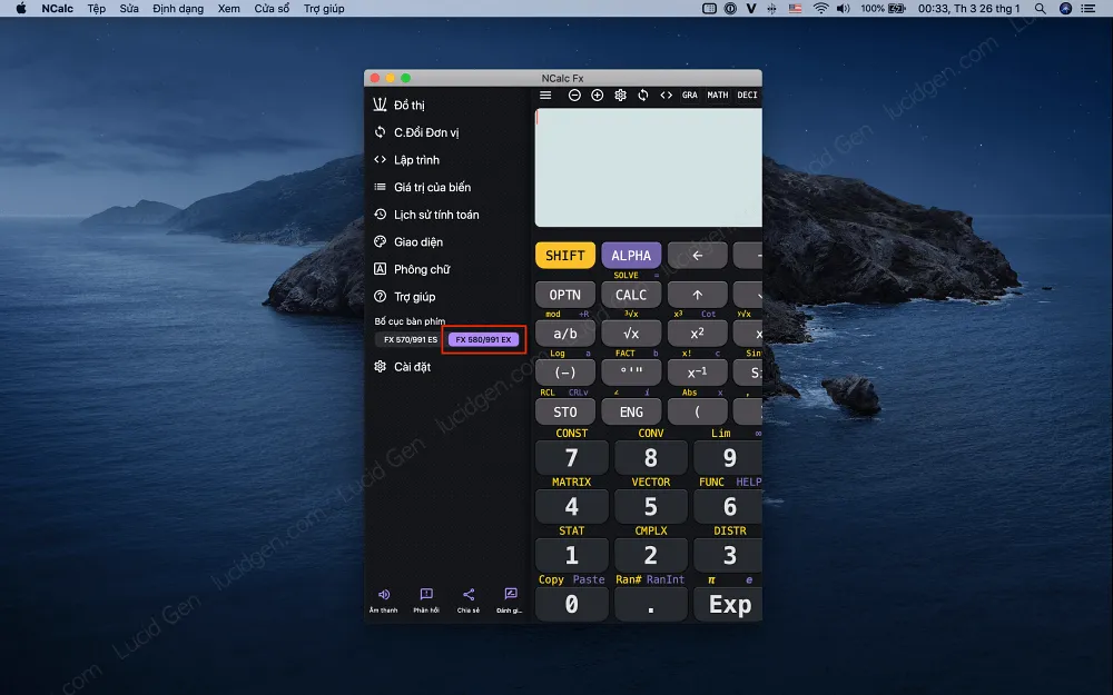 Giả lập máy tính Casio-FX580VN Plus trên Mac - Vào cài đặt và đổi sang chế độ FX-580