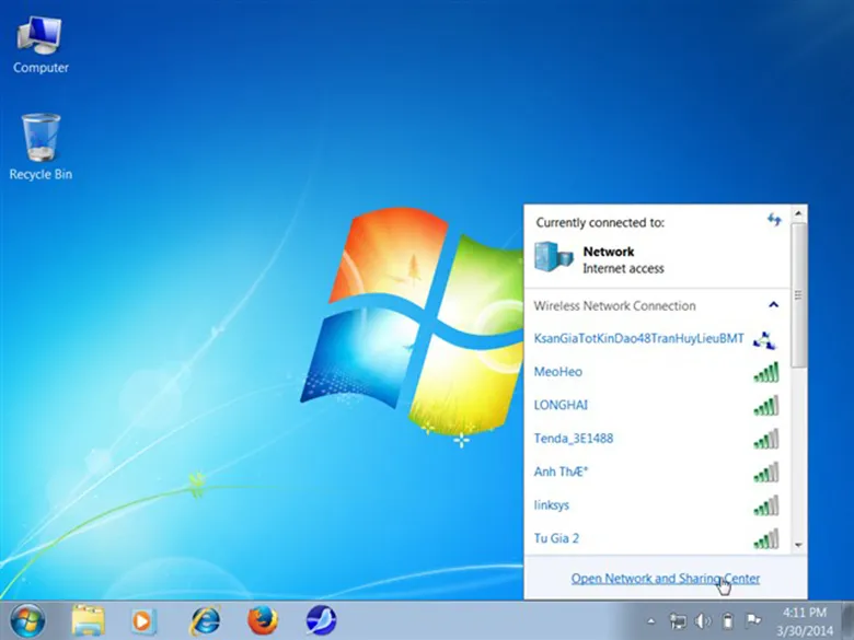 Phát wifi win 7 không cần phần mềm tiếp tục chọn Open Network and Sharing Center