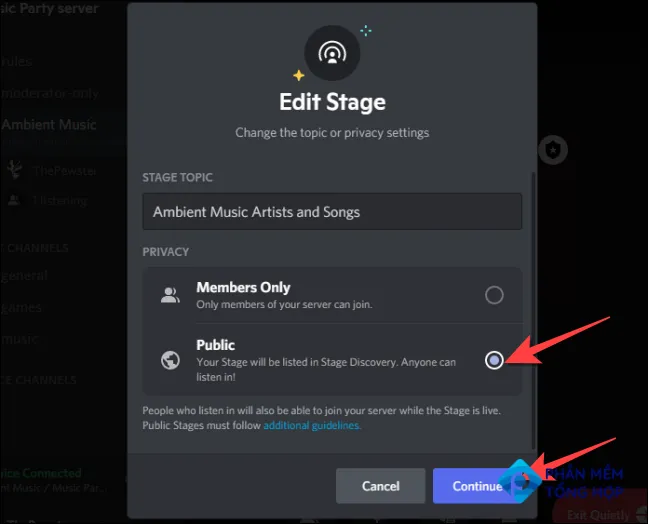 Select the "Public" setting under the Privacy section to switch it to a Public Stage event and select "Continue."