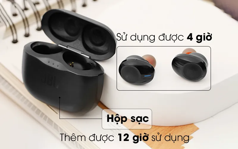 Tai nghe sử dụng được 4 giờ và có thể sạc thêm 3 lần từ hộp sạc - Tai nghe Bluetooth JBL T120TWSBLK Đen