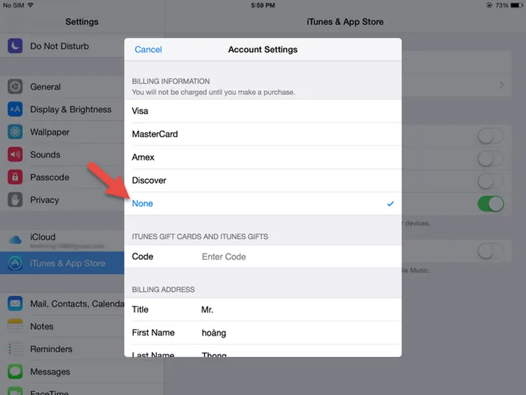Nếu không muốn sử dụng các tài khoản thanh toán để mua ứng dụng, game trên App Store, hãy chọn vào None