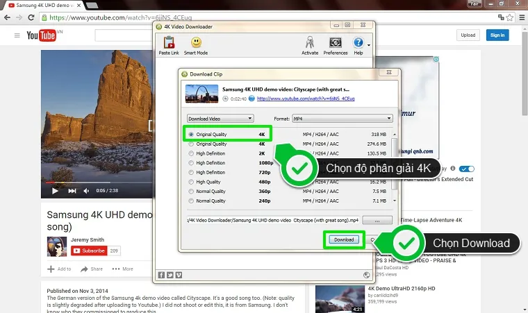 Chọn Video độ phân giải 4K, sau đó nhấn Download để tải về