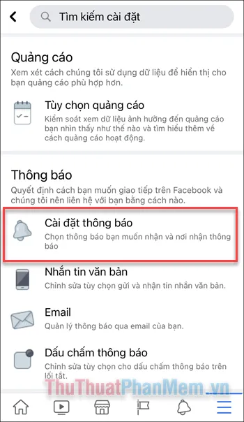 Kéo xuống danh sách và chọn Cài đặt thông báo