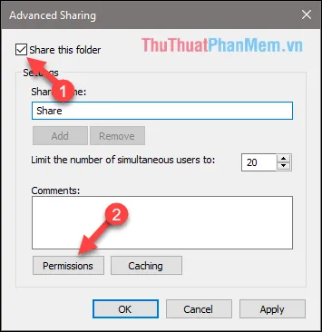 Chọn Share this folder sau đó chọn Permissions