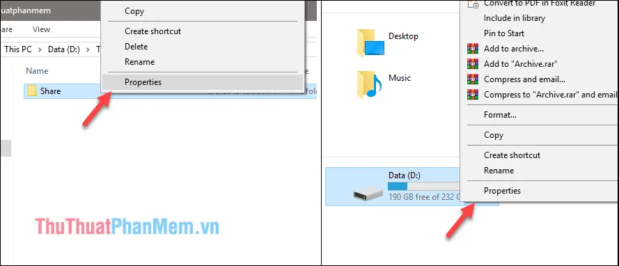 Nhấn chuột phải lên phân vùng ổ cứng hoặc thư mục muốn chia sẻ và chọn Properties