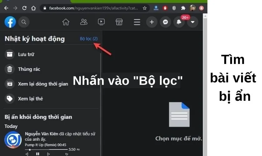 chọn mục "Bộ lọc"