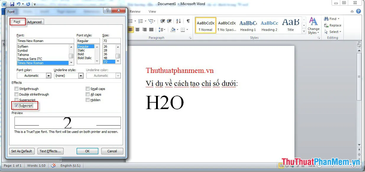 Ví dụ của cách tạo chỉ số dưới trong word