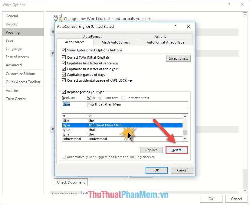 Lựa chọn cụm từ viết tắt cần xóa bỏ - kích chọn Delete