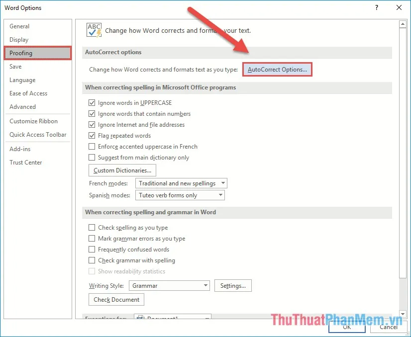 Chọn Proofing - AutoCorrect Options...