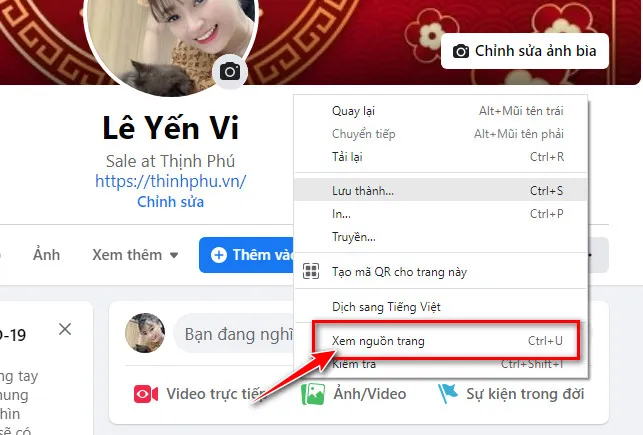 Chọn xem nguồn trang để hiển thị đoạn mã code của trang facebook cá nhân