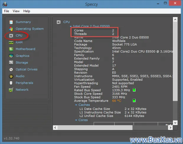 Speccy hiển thị thông tin chi tiết của CPU - Bộ vi xử lý