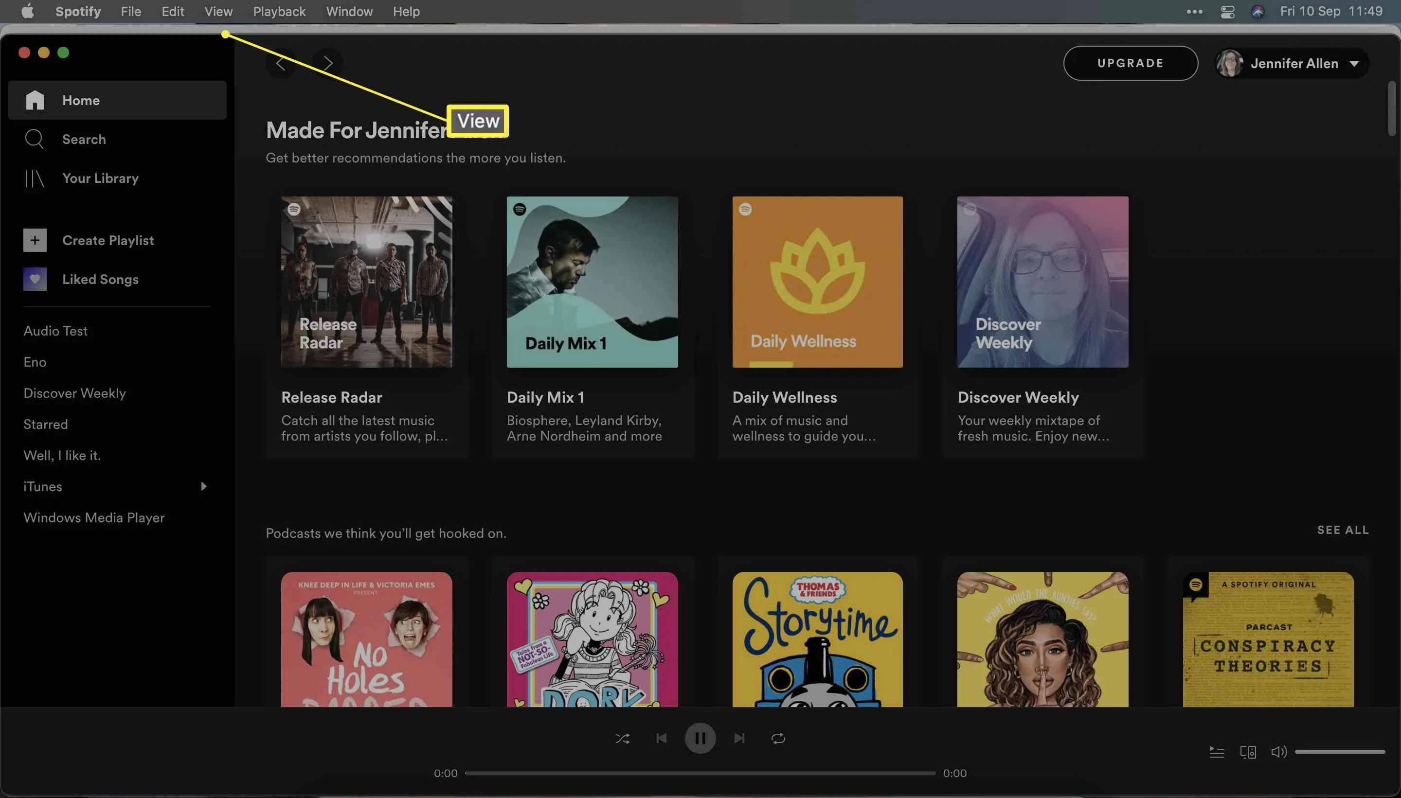 Spotify with View Menu highlighted