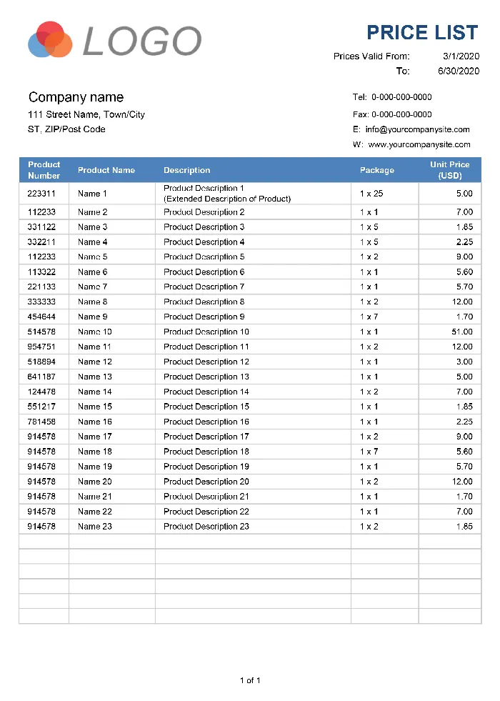 Printable Price List Template Screenshot