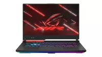 Asus ROG Strix G15 Advantage Edition gaming laptop facing forwards with RGB lighting on