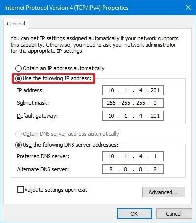 Static IP address configuration