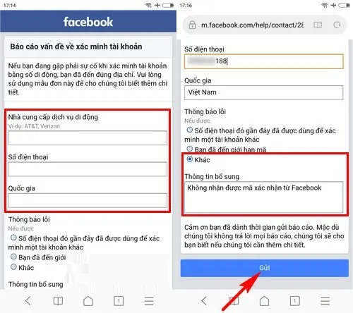 Gửi thông báo lỗi tới Facebook