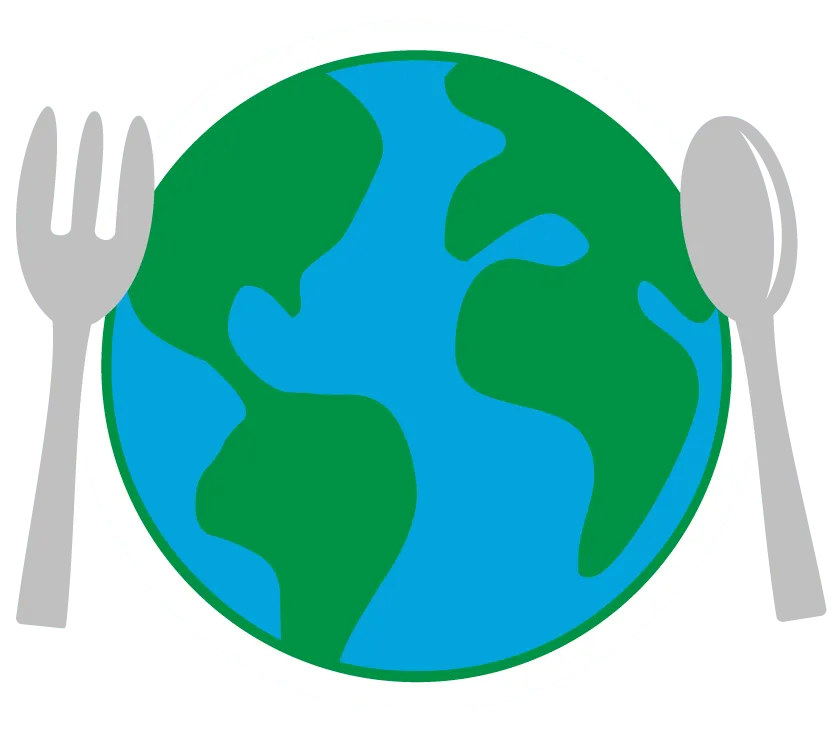 Icon of a globe with a fork and spoon on the sides; representing eating sustainably for the planet's health