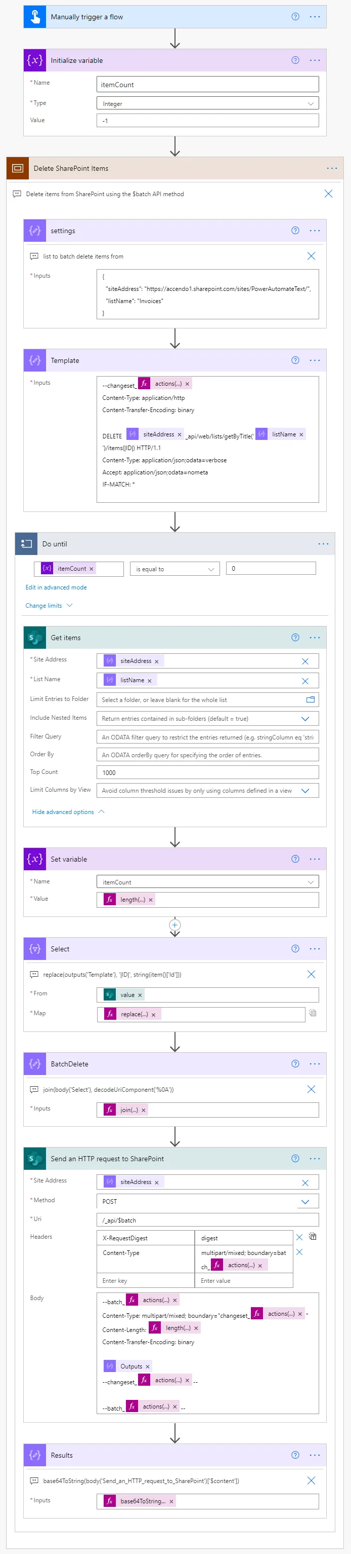 Image of a Power Automate Flow that uses the SharePoint batch API method to quickly delete items from a SharePoint List