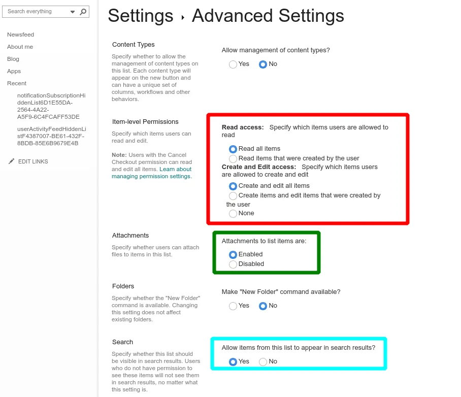 Screenshot of configuring a Microsoft Lists list using the SharePoint settings interface