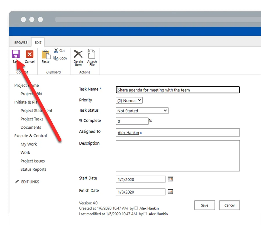 Add project tasks SharePoint 