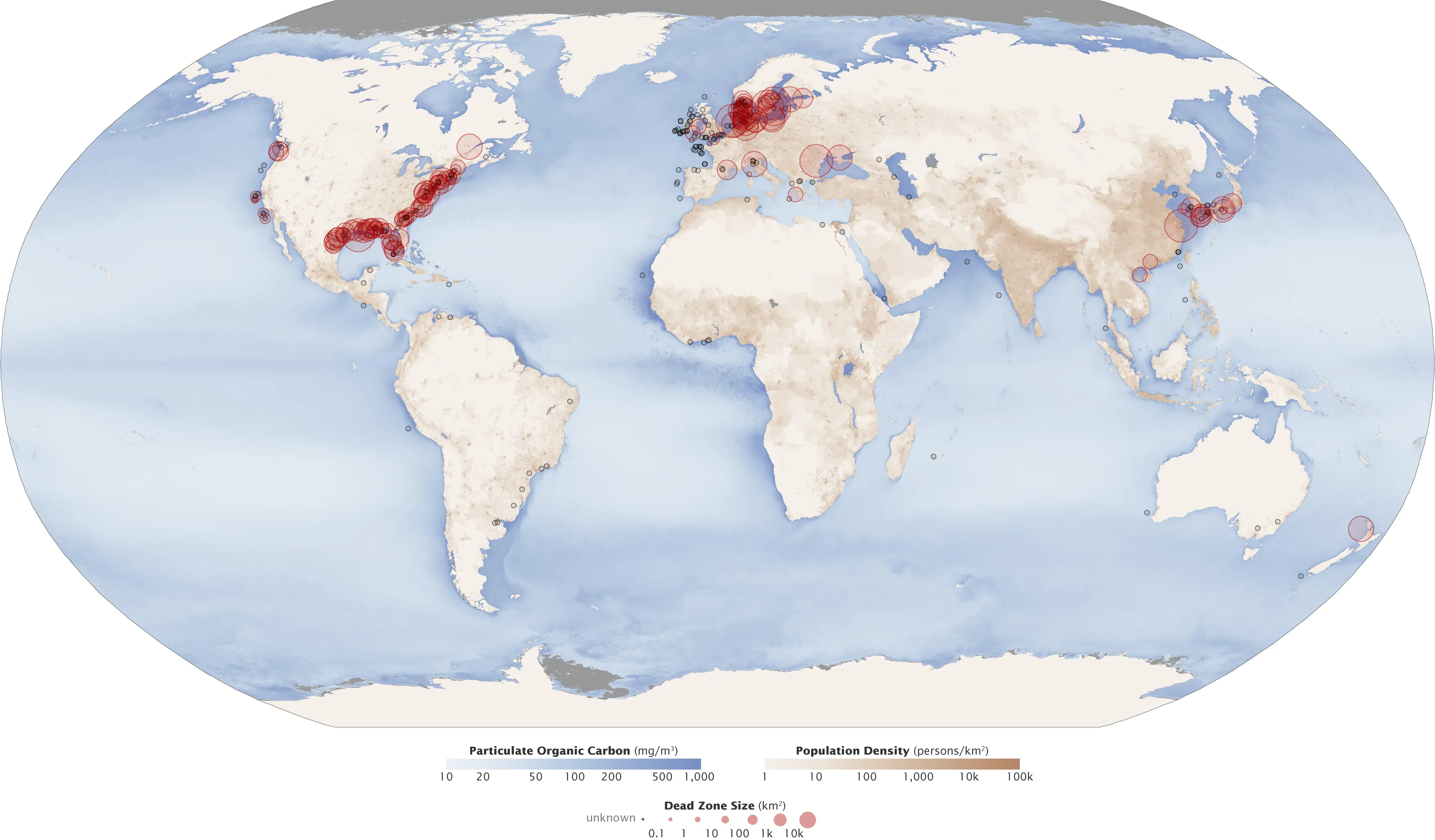 The size and number of marine dead zones