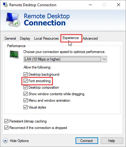 Blur font on a remote desktop connection, how to fix it